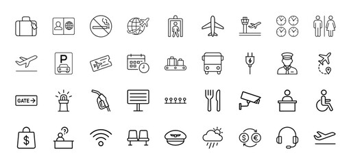 Fototapeta premium Airport travel line icon set. Vector pictograms of suitcase, passport, airplane, control tower, baggage, bus, pilot, gate, ticket, security, restrooms, thin linear illustration.