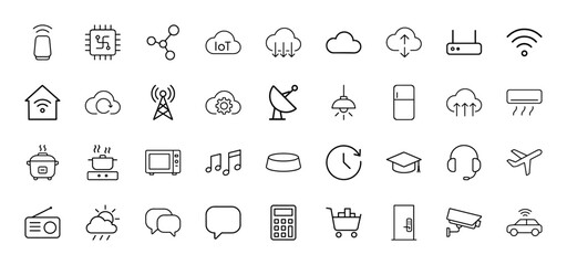 Technology line icon set. Vector pictograms of wireless device, processor, network, cloud, smart home, router, satellite, refrigerator, air conditioner, thin linear illustration.