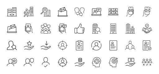 Business and human resources line icon set. Vector pictograms of buildings, people, communication, hands, money, and targets, thin linear illustration.
