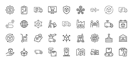 Logistics and delivery line icon set. Vector pictograms of trucks, packages, globe, warehouse, scanner, forklift, route maps, thin linear illustration.