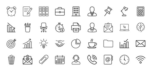 Business and office line icon set. Vector pictograms of clock, document, folders, briefcase, building, user, calculator, charts, light bulb, calendar, phone, wifi, thin linear illustration.