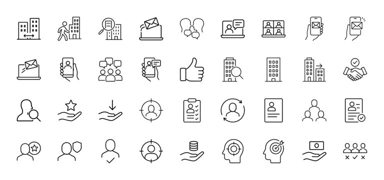 Business and human resources line icon set. Vector pictograms of buildings, people, communication, hands, money, and targets, thin linear illustration.