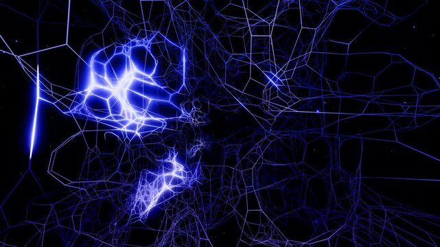 3d looped motion bg. Vj loop fly through 3d space with complex net structure, neon light. Sci fi bg, hi tech plexus, futuristic frames with neon light on it. Concept of blue information data flow.