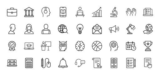 Education and business line icon set. Vector pictograms of university, student, knowledge, communication, research, technology, and learning, thin linear illustration.