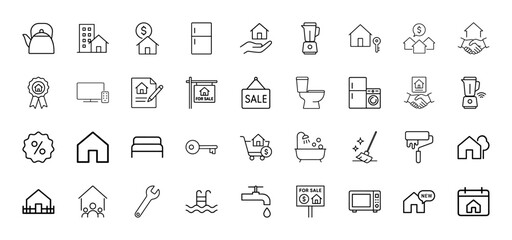 Real estate and home line icon set. Vector pictograms of houses, property for sale signs, keys, household appliances, and renovation tools, thin linear illustration.