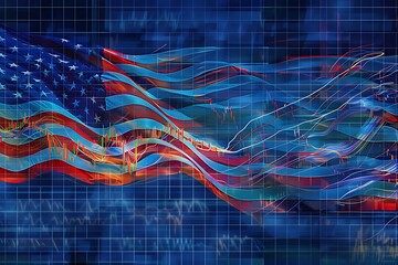 American flag waving over stock market graph with blue grid background