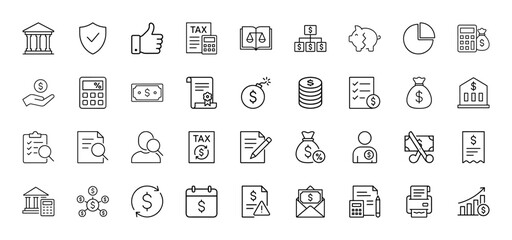 Finance line icon set. Vector pictograms of bank building, tax documents, piggy bank, money bags, coin stacks, financial charts, calculators, and legal scales, thin linear illustration.