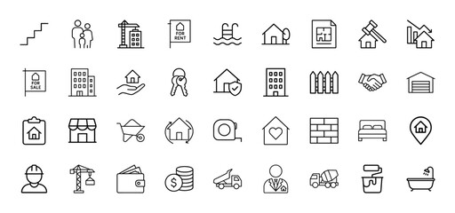 Real estate, property, and construction line icon set. Vector pictograms of houses, apartments, keys, signs, tools, builder, agent, and home items, thin linear illustration.