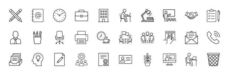 Business office line icon set. Vector pictograms of pencils, clock, briefcase, building, laptop, presentation, printer, team, certificate, plant, email, trashcan, thin linear illustration.