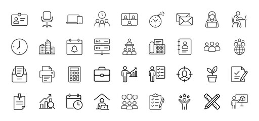 Business line icon set. Vector pictograms of ID card, office chair, laptop, team, email, building, calendar, server, briefcase, chart, and home office, thin linear illustration.