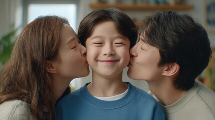 A joyful child beams while being kissed on both cheeks by loving parents in a warm and inviting living room. This happy family moment captures love and togetherness.