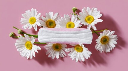 Pink and white pad is placed on top of a bunch of white daisies. The pad is positioned in the middle of the flowers, with the flowers surrounding it. Concept of femininity and natural beauty