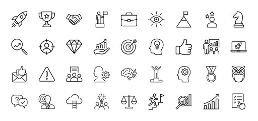 Business strategy line icon set. Vector pictograms of rocket, trophy, handshake, target, lightbulb, growth, scales, and achievement, thin linear illustration.