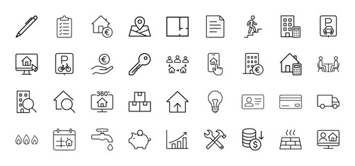 Real estate line icon set. Vector pictograms of house, building, key, map, document, calculator, boxes, calendar, faucet, bar chart, thin linear illustration.
