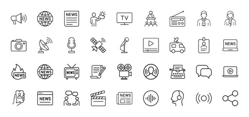 Media and news line icon set. Vector pictograms of megaphone, globe, newspaper, television, microphone, reporter, satellite, radio, and laptop, thin linear illustration.