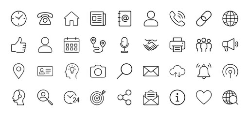 Communication line icon set. Vector pictograms of clock, telephone, user, calendar, map pins, microphone, printer, megaphone, mail, cloud, and target, thin linear illustration.