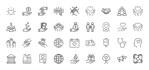 Charity and donation line icon set. Vector pictograms of hands, heart, money, community, globe, ambulance, and gift, thin linear illustration.