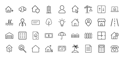 Obraz premium Real estate line icon set. Vector pictograms of houses, building, crane, pool, agent, contract, money, umbrella, and garage, thin linear illustration.