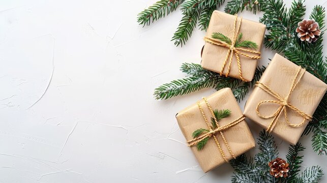 Colorful Festive Holiday Still Life with Wrapped Gifts, Green Spruce Branches, and Decorations