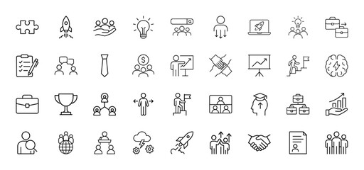 Business line icon set. Vector pictograms of puzzle, rocket, lightbulb, clipboard, tie, handshake, chart, trophy, briefcase, brain, people, document, thin linear illustration.