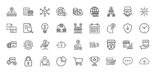 Business line icon set. Vector pictograms of retail stores, money, documents, network, process, marketing, strategy, and e-commerce concepts, thin linear illustration.