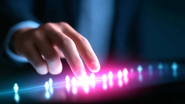 A radiant HR platform glows with recruitment visuals glowing charts and candidate icons appearing dynamically. A businessman presses a luminous button to activate selection