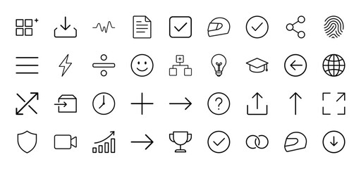 General interface line icon set. Vector pictograms of download, document, checkmark, share, fingerprint, menu, lightbulb, globe, upload, shield, chart, trophy, rings, thin linear illustration.