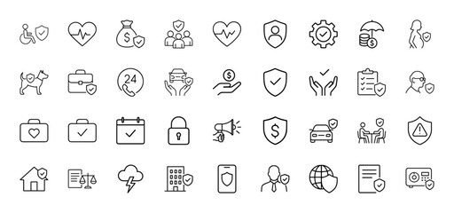 Insurance line icon set. Vector pictograms of financial bag, heartbeat, protected people, car, home, document, umbrella, pet, padlock, safe, thin linear illustration.