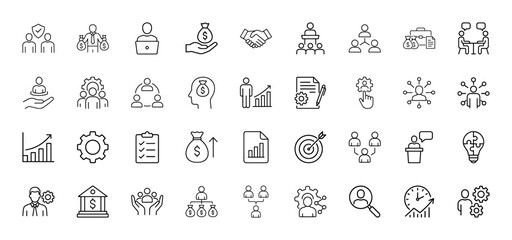 Business management line icon set. Vector pictograms of team, finance, growth, strategy, cooperation, organization, and analytics, thin linear illustration.