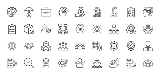 Business, finance, and management line icon set. Vector pictograms of brain, money umbrella, briefcase, strategy, growth, factory, package, team, idea, and shipping, thin linear illustration.