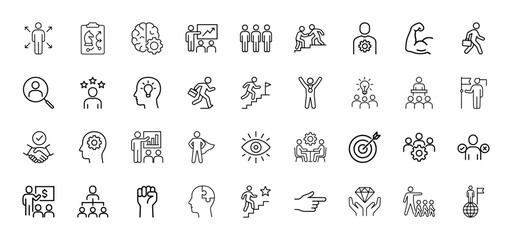 Business success and personal development line icon set. Vector pictograms of strategy, teamwork, leadership, growth, innovation, achievement, goals, and problem-solving, thin linear illustration.