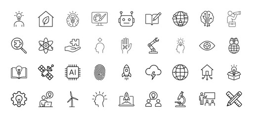 Science and technology line icon set. Vector pictograms of lightbulb, robot, brain, globe, atom, rocket, chip, microscope, windmill, satellite, puzzle, smart home, thin linear illustration.