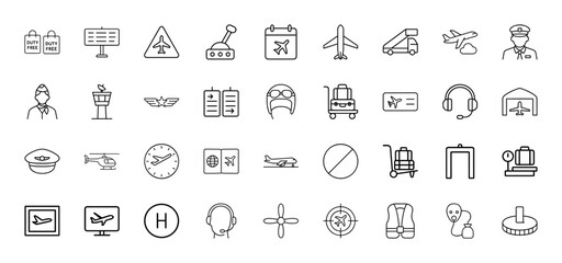 Aviation line icon set. Vector pictograms of airplanes, pilots, airport elements, luggage, passports, boarding passes, helicopters, and navigation tools, thin linear illustration.