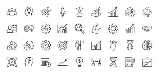 Business and strategy line icon set. Vector pictograms of team, lightbulb, rocket, growth charts, handshake, target, brain, hourglass, briefcase, thin linear illustration.