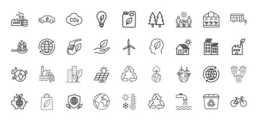 Environment line icon set. Vector pictograms of factory, electric car, CO2 cloud, solar panel, wind turbine, recycling, burning earth, and green city, thin linear illustration.