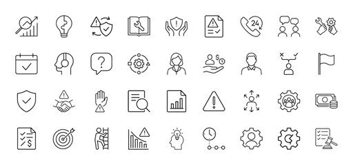 Business management line icon set. Vector pictograms of analysis, innovation, security, support, communication, planning, strategy, finance, risk, and compliance, thin linear illustration.