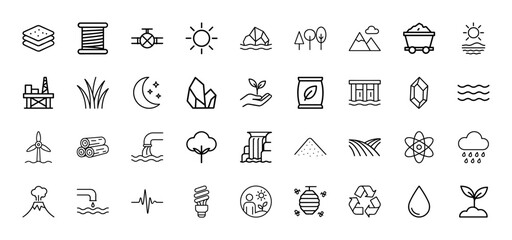 Environment line icon set. Vector pictograms of sun, trees, mountains, oil rig, wind turbine, waterfall, recycle symbol, sprout, atom, water drop, thin linear illustration.