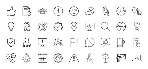 Business and communication line icon set. Vector pictograms of thumb up, document, users, information, target, settings, location, shield, rocket, handshake, analytics, thin linear illustration.