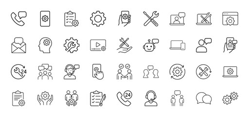 Customer service line icon set. Vector pictograms of phone, chat, settings, tools, agent, robot, and 24/7 support, thin linear illustration.
