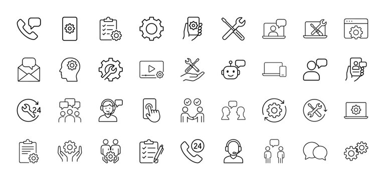 Customer service line icon set. Vector pictograms of phone, chat, settings, tools, agent, robot, and 24/7 support, thin linear illustration.
