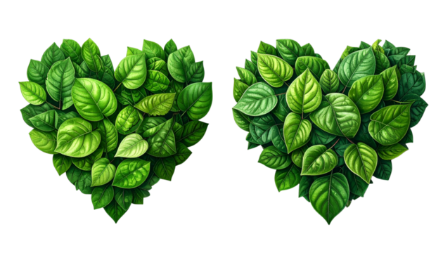 Pair of Lush Green Leaf Heart Shape Variations isolated on transparent background
