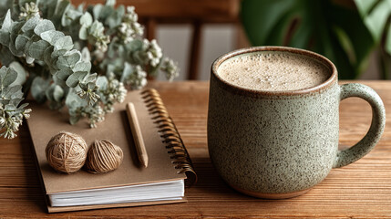 Cozy ceramic cup of coffee on wooden notebook with warm natural light