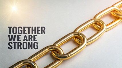 Close up of shiny golden chain links on a white surface