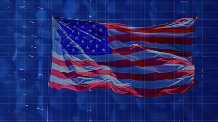 American flag waving in the wind against a blue background