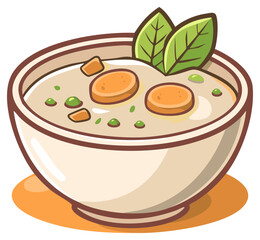 Bowl of vegetable soup with greens and carrots cartoon drawing.