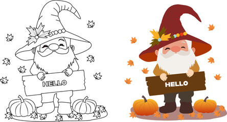 Coloring page of a cute autumn gnome surrounded 