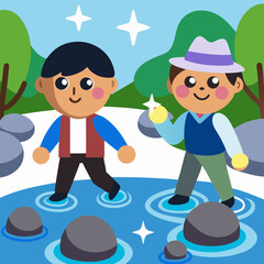 Cartoon people crossing a river on stepping stones with stars and trees around