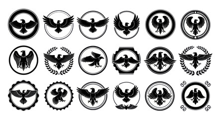 Collection of Black and White Eagle Logos and Emblems with Wings Spread in Various Circular and Badge Designs, Ideal for Branding, Heraldry, and Mascots, Flat Vector Elements, Vector Illustration,