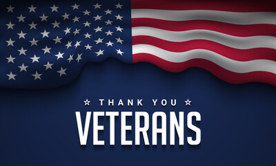 Veterans Day Template Design with USA waving flag on blue background.