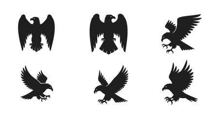 Obraz premium Dynamic and Majestic Black Eagle Silhouettes: Vector Illustrations of Powerful Raptors with Spread Wings and Talons on Isolated White Background, Flat Vector Elements, Vector Illustration, Simple
